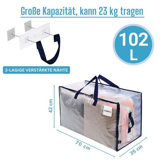 VENO 102 Liter Große Aufbewahrungstasche mit Deckel, Strapazierfähige Griffe und Reißverschlüssen für Umzug, Kleideraufbewahrung, Hausbedarf, wasserabweisend (Transparent, 10er-Pack)