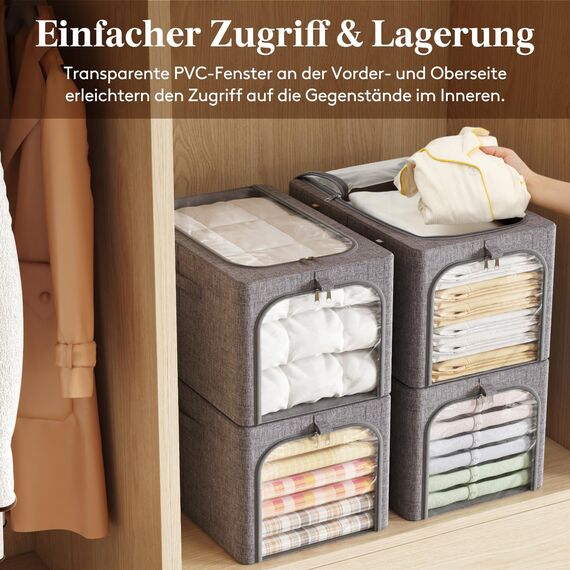 Lifewit 6 Stück Kleideraufbewahrungsbehälter mit Metallrahmen, Faltbare Aufbewahrungsbox mit Deckel, 40L Stapelbare Aufbewahrungsbeutel Stoffbehälter Organizer mit Klarsichtfenster, Robuste Griffe