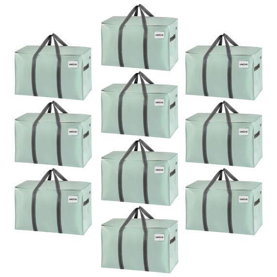 VENO 102 Liter Große Aufbewahrungstasche, Aufbewahrungsbox mit Deckel, Starke Griffe Umzugstaschen mit Reißverschlüssen, Alternative Umzugskartons, Faltbare Kleideraufbewahrung (Hellgrün, 10er Pack)