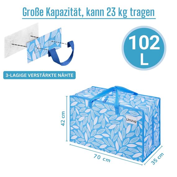 VENO 102 Liter Große Aufbewahrungstasche mit Deckel, Strapazierfähige Griffe und Reißverschlüssen für Umzug, Kleideraufbewahrung, Hausbedarf, wasserabweisend (Frühlingsbrise, 8er-Pack)