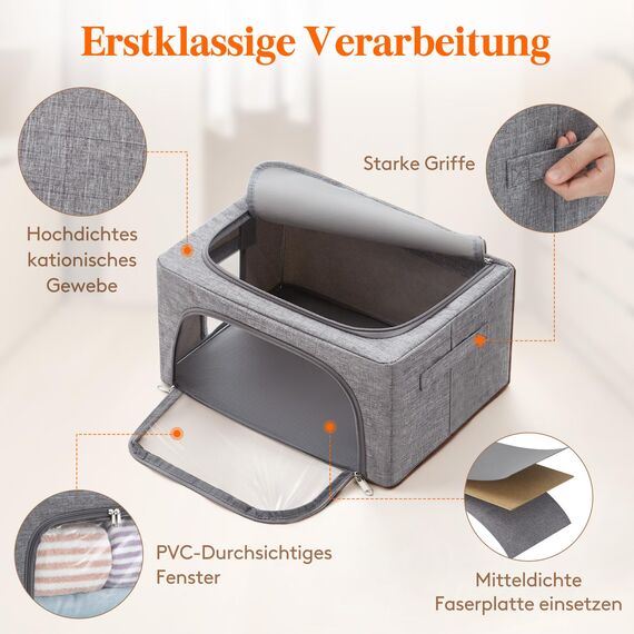 Lifewit 25L Aufbewahrungsbox mit Deckel, Kleidung Aufbewahrung, Faltbare Kleideraufbewahrung mit Metallrahmen, Stoffbox mit Griffen & Fenster, Aufbewahrung Kleiderschrank, 2er Set, Hellgrau