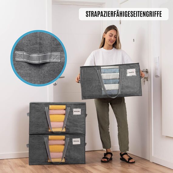 VENO Umzugstaschen 4 Stück Aufbewahrungstasche mit Griffe und Reißverschlüssen, Kleideraufbewahrung Umzugskartons, Faltbare Aufbewahrung Boxen,Wasserdichte Transporttasche (Schwarz, 4er-Pack)