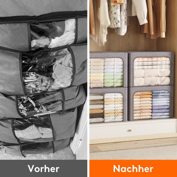 Lifewit 100L Aufbewahrungsbox mit Deckel, Kleidung Aufbewahrung, Faltbare Kleideraufbewahrung mit Metallrahmen, Stoffbox mit Griffen & Fenster, Aufbewahrung Kleiderschrank, 4er Set, Hellgrau