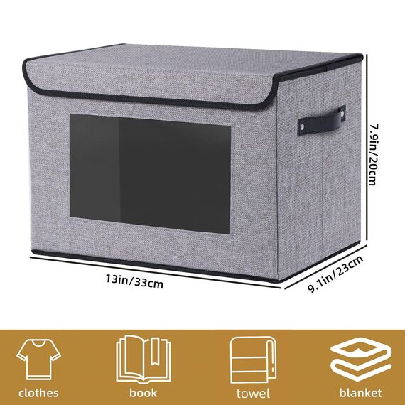 YheenLf 3 StüCk Aufbewahrungsboxen Stoff, Faltbare Aufbewahrungsbox, Boxen mit Deckel Aufbewahrung, Ordnungsboxen, Schrank Organizer mit Fenster, Grau, 33x23x20cm