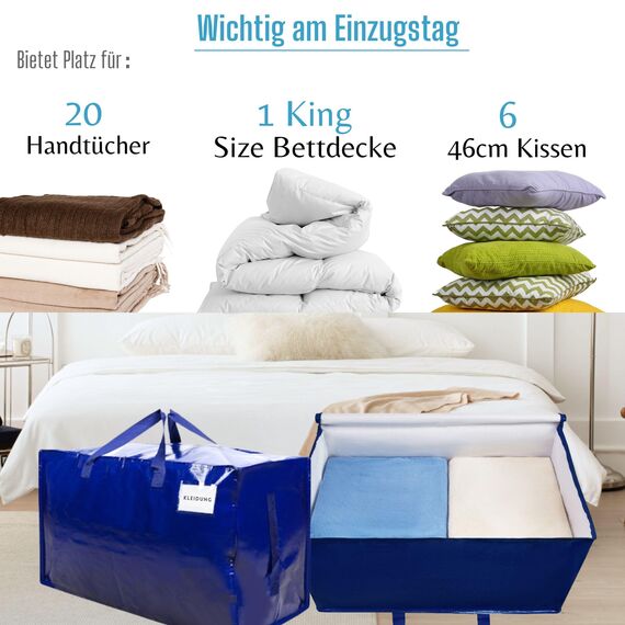 VENO 102 Liter Große Aufbewahrungstasche mit Deckel, Strapazierfähige Griffe und Reißverschlüssen für Umzug, Kleideraufbewahrung, Hausbedarf, wasserabweisend (Blau, 6er-Pack)