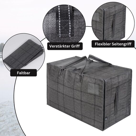 VENO 102 Liter Große Aufbewahrungstasche mit Deckel, Strapazierfähige Griffe und Reißverschlüssen für Umzug, Kleideraufbewahrung, Hausbedarf, wasserabweisend (Schwarzes Fenstertuch, 8er-Pack)