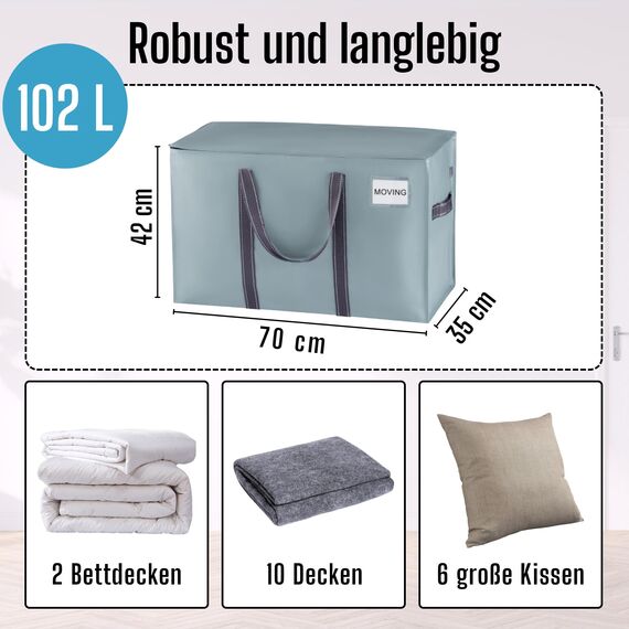 VENO 102 Liter Große Aufbewahrungstasche, Aufbewahrungsbox mit Deckel, Starke Griffe Umzugstaschen mit Reißverschlüssen, Alternative Umzugskartons, Faltbare Kleideraufbewahrung (Hellblau, 4er Pack)