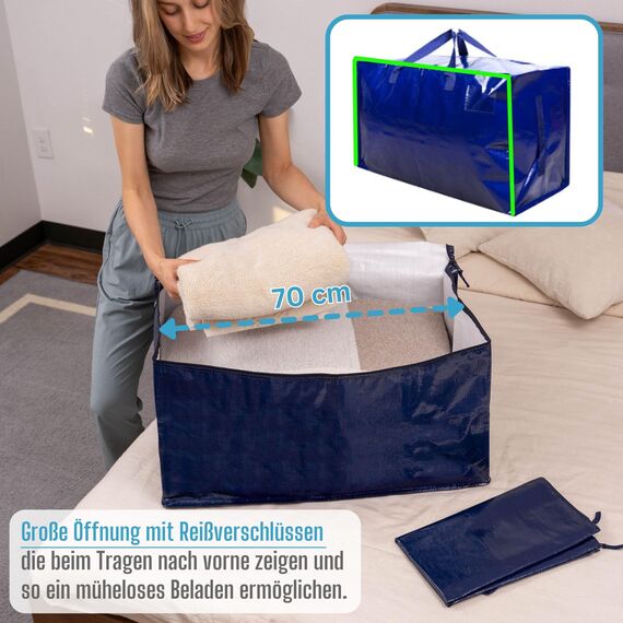 VENO 102 Liter Große Aufbewahrungstasche mit Deckel, Strapazierfähige Griffe und Reißverschlüssen für Umzug, Kleideraufbewahrung, Hausbedarf, wasserabweisend (Blau, 4er-Pack)