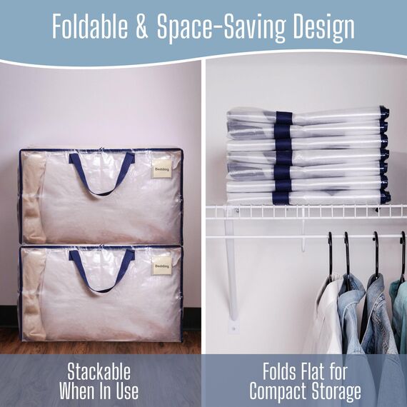 VENO 102 Liter Große Aufbewahrungstasche mit Deckel, Strapazierfähige Griffe und Reißverschlüssen für Umzug, Kleideraufbewahrung, Hausbedarf, wasserabweisend (Transparent, 2er-Pack)