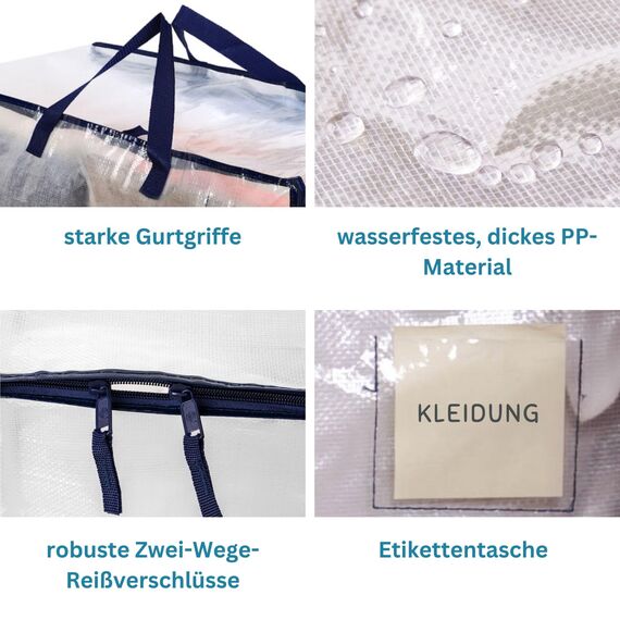 VENO 102 Liter Große Aufbewahrungstasche mit Deckel, Strapazierfähige Griffe und Reißverschlüssen für Umzug, Kleideraufbewahrung, Hausbedarf, wasserabweisend(Transparent, 4er-Pack)