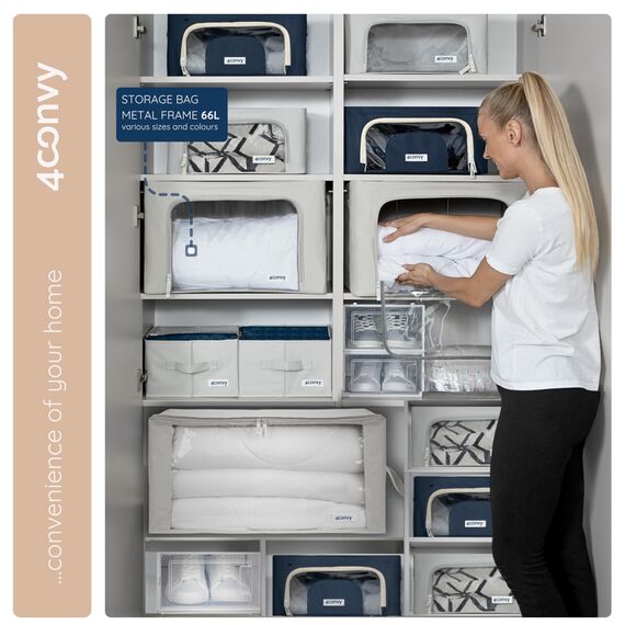 4CONVY Kleideraufbewahrung Kleiderschrank Box mit Reißverschluss Metallrahmen - große faltbare stapelbare Aufbewahrungsbox -3x66L Aufbewahrungstaschen - Kleiderbox für Bettdecke Kleidung Aufbewahrung