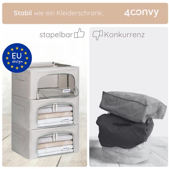 4CONVY Kleideraufbewahrung Kleiderschrank Box mit Reißverschluss Metallrahmen - große faltbare stapelbare Aufbewahrungsbox -3x24L Aufbewahrungstaschen - Kleiderbox für Bettdecke Kleidung Aufbewahrung