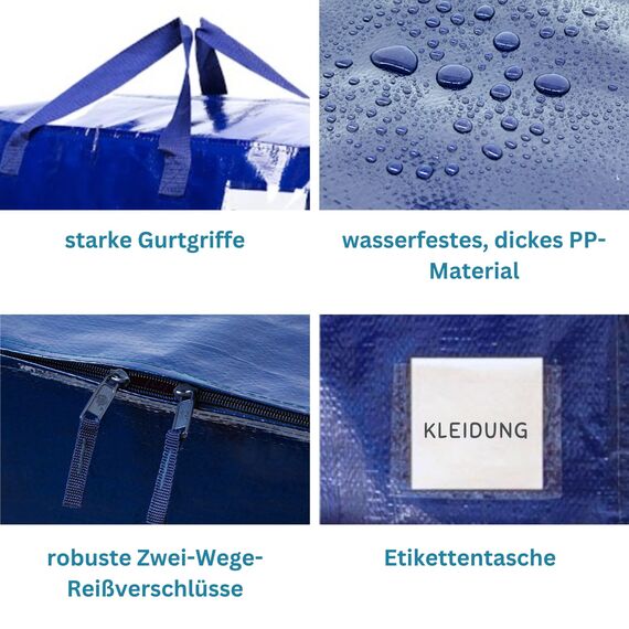 VENO 102 Liter Große Aufbewahrungstasche mit Deckel, Strapazierfähige Griffe und Reißverschlüssen für Umzug, Kleideraufbewahrung, Hausbedarf, wasserabweisend (Blau, 8er-Pack)