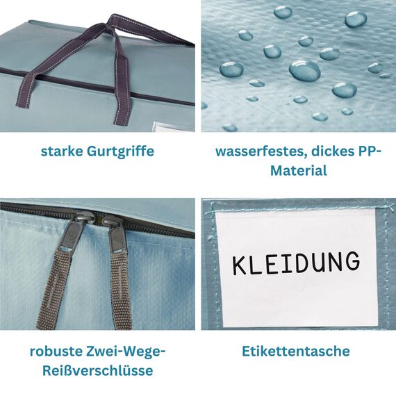 VENO 102 Liter Große Aufbewahrungstasche mit Deckel, Strapazierfähige Griffe und Reißverschlüssen für Umzug, Kleideraufbewahrung, Hausbedarf, wasserabweisend (Hellblau, 2er-Pack)