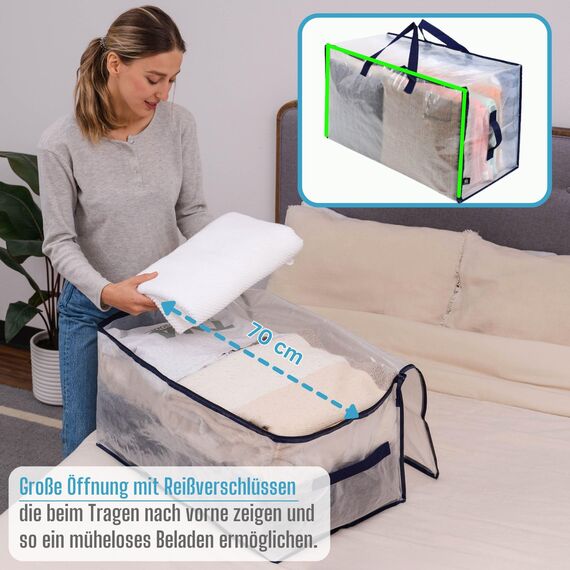 VENO 102 Liter Große Aufbewahrungstasche mit Deckel, Strapazierfähige Griffe und Reißverschlüssen für Umzug, Kleideraufbewahrung, Hausbedarf, wasserabweisend (Transparent, 10er-Pack)