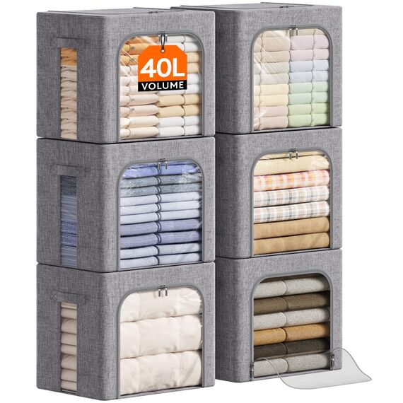 Lifewit 40L Aufbewahrungsbox mit Deckel, Kleidung Aufbewahrung, Faltbare Kleideraufbewahrung mit Metallrahmen, Stoffbox mit Griffen & Fenster, Aufbewahrung Kleiderschrank, 6er Set, Hellgrau