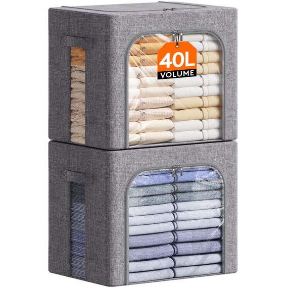 Lifewit 40L Aufbewahrungsbox mit Deckel, Kleidung Aufbewahrung, Faltbare Kleideraufbewahrung mit Metallrahmen, Stoffbox mit Griffen & Fenster, Aufbewahrung Kleiderschrank, 2er Set, Hellgrau