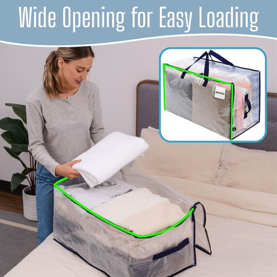 VENO 102 Liter Große Aufbewahrungstasche mit Deckel, Strapazierfähige Griffe und Reißverschlüssen für Umzug, Kleideraufbewahrung, Hausbedarf, wasserabweisend (Transparent, 2er-Pack)