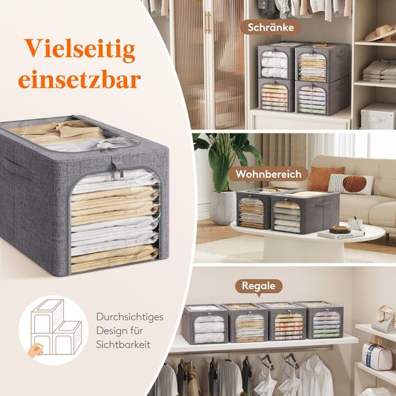 Lifewit 6 Stück Kleideraufbewahrungsbehälter mit Metallrahmen, Faltbare Aufbewahrungsbox mit Deckel, 40L Stapelbare Aufbewahrungsbeutel Stoffbehälter Organizer mit Klarsichtfenster, Robuste Griffe