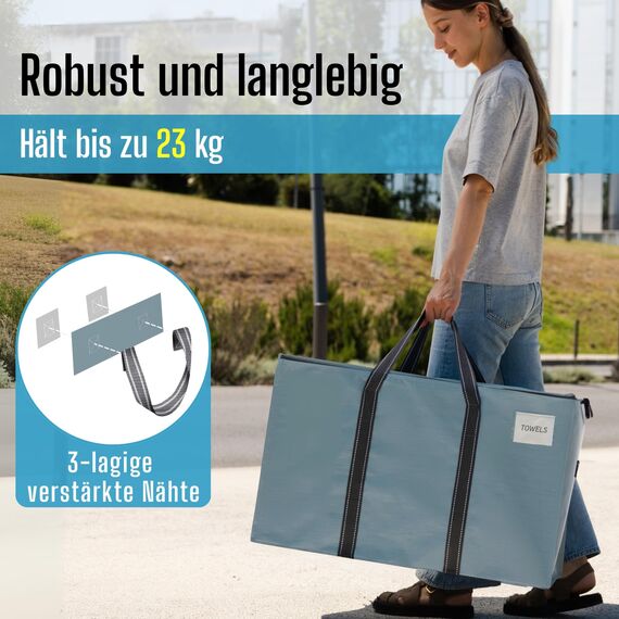 VENO 102 Liter Große Aufbewahrungstasche, Aufbewahrungsbox mit Deckel, Starke Griffe Umzugstaschen mit Reißverschlüssen, Alternative Umzugskartons, Faltbare Kleideraufbewahrung (Hellblau, 6er Pack)