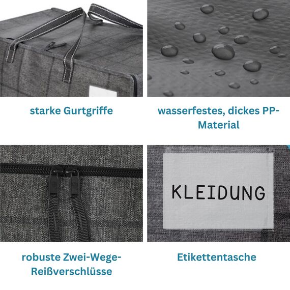 VENO 102 Liter Große Aufbewahrungstasche mit Deckel, Strapazierfähige Griffe und Reißverschlüssen für Umzug, Kleideraufbewahrung, Hausbedarf, wasserabweisend (Schwarzes Fenstertuch, 4er-Pack)