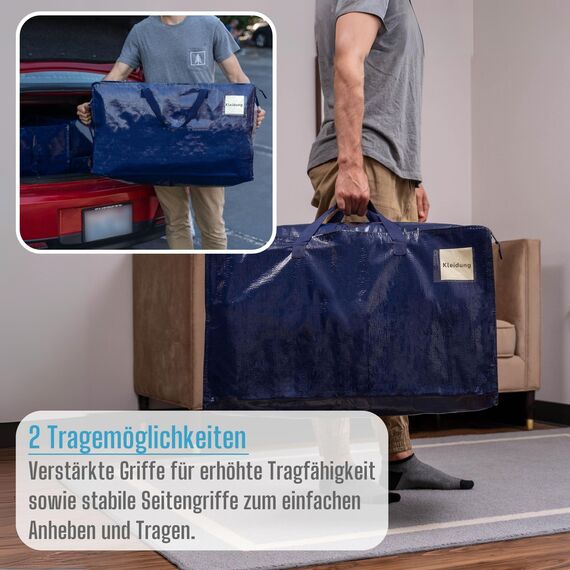 VENO 102 Liter Große Aufbewahrungstasche mit Deckel, Strapazierfähige Griffe und Reißverschlüssen für Umzug, Kleideraufbewahrung, Hausbedarf, wasserabweisend (Blau, 4er-Pack)