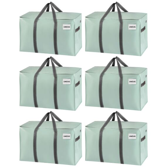 VENO 102 Liter Große Aufbewahrungstasche, Aufbewahrungsbox mit Deckel, Starke Griffe Umzugstaschen mit Reißverschlüssen, Alternative Umzugskartons, Faltbare Kleideraufbewahrung (Hellgrün, 6er Pack)