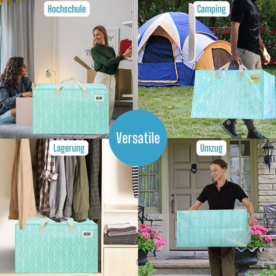 VENO 102 Liter Große Aufbewahrungstasche mit Deckel, Strapazierfähige Griffe und Reißverschlüssen für Umzug, Kleideraufbewahrung, Hausbedarf, wasserabweisend (Immergrün 4er-Pack)