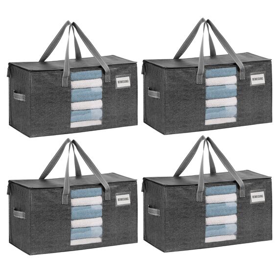 VENO Umzugstaschen 4 Stück Aufbewahrungstasche mit Griffe und Reißverschlüssen, Kleideraufbewahrung Umzugskartons, Faltbare Aufbewahrung Boxen,Wasserdichte Transporttasche (Schwarz, 4er-Pack)