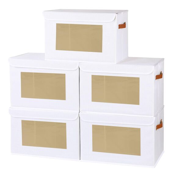 YheenLf 5 StüCk Aufbewahrungsboxen Stoff, Faltbare Aufbewahrungsbox, Boxen mit Deckel Aufbewahrung, Ordnungsboxen, Schrank Organizer mit Fenster, Weiß, 33x23x20cm