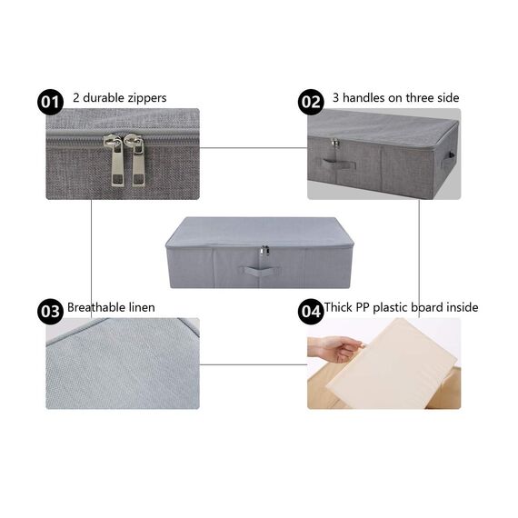 2er-Pack, faltbare Unterbett-Aufbewahrungsboxen mit Reißverschlussabdeckung, Aufbewahrungsbehälter aus festem Stoff für Decken, Kleidung, Schuhe, Spielzeug, staubdicht und waschbar, hellgrau