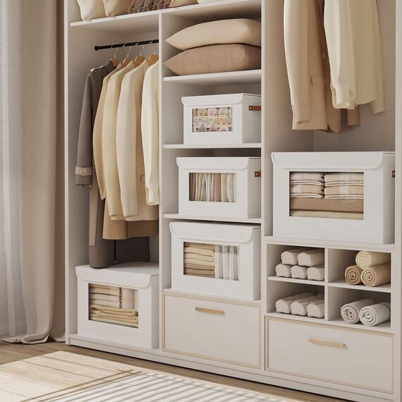 YheenLf 3 StüCk Aufbewahrungsboxen Stoff, Faltbare Aufbewahrungsbox, Boxen mit Deckel Aufbewahrung, Ordnungsboxen, Schrank Organizer mit Fenster, Weiß, 33x23x20cm