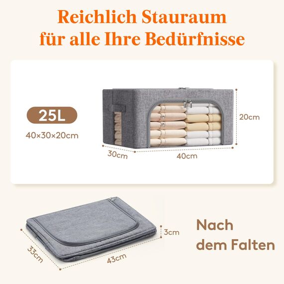 Lifewit 25L Aufbewahrungsbox mit Deckel, Kleidung Aufbewahrung, Faltbare Kleideraufbewahrung mit Metallrahmen, Stoffbox mit Griffen & Fenster, Aufbewahrung Kleiderschrank, 3er Set, Hellgrau