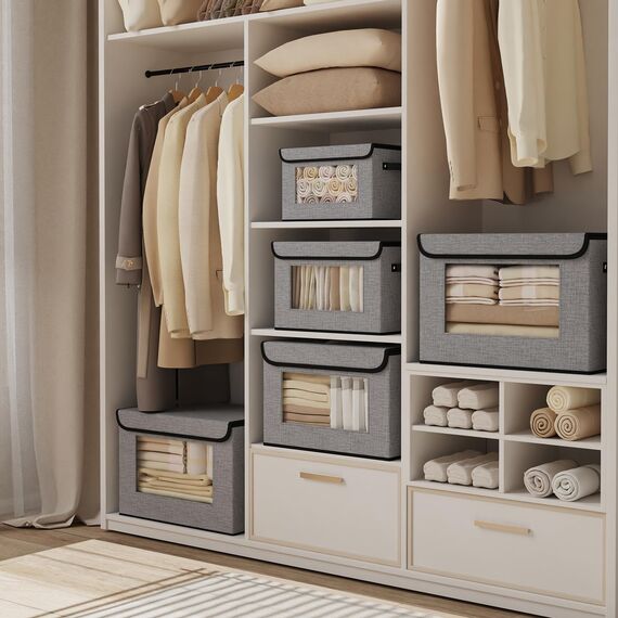 YheenLf 5 StüCk Aufbewahrungsboxen Stoff, Faltbare Aufbewahrungsbox, Boxen mit Deckel Aufbewahrung, Ordnungsboxen, Schrank Organizer mit Fenster, Grau, 33x23x20cm