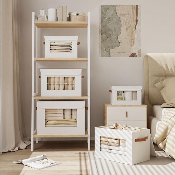 YheenLf 3 StüCk Aufbewahrungsboxen Stoff, Faltbare Aufbewahrungsbox, Boxen mit Deckel Aufbewahrung, Ordnungsboxen, Schrank Organizer mit Fenster, Weiß, 33x23x20cm