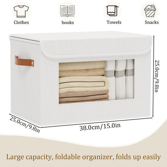 YheenLf Aufbewahrungsbox, Kleiderschrank Organizer, Aufbewahrungskorb mit Deckel Stoff, Faltbox mit Griff, 5 Stück, Weiß, mit Fenster, 38x25x25cm