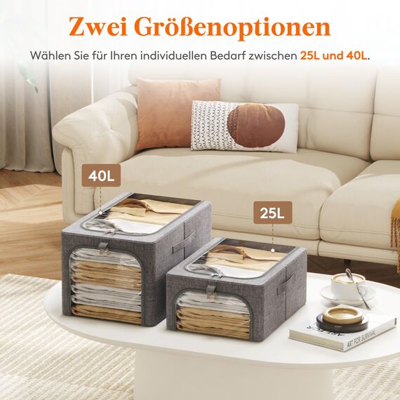 Lifewit 6 Stück Kleideraufbewahrungsbehälter mit Metallrahmen, Faltbare Aufbewahrungsbox mit Deckel, 25L Stapelbare Aufbewahrungsbeutel Stoffbehälter Organizer mit Klarsichtfenster, Robuste Griffe