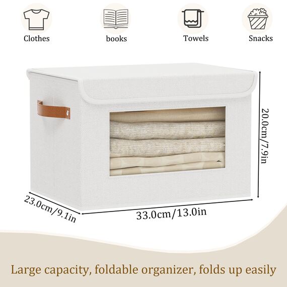 YheenLf 3 StüCk Aufbewahrungsboxen Stoff, Faltbare Aufbewahrungsbox, Boxen mit Deckel Aufbewahrung, Ordnungsboxen, Schrank Organizer mit Fenster, Weiß, 33x23x20cm