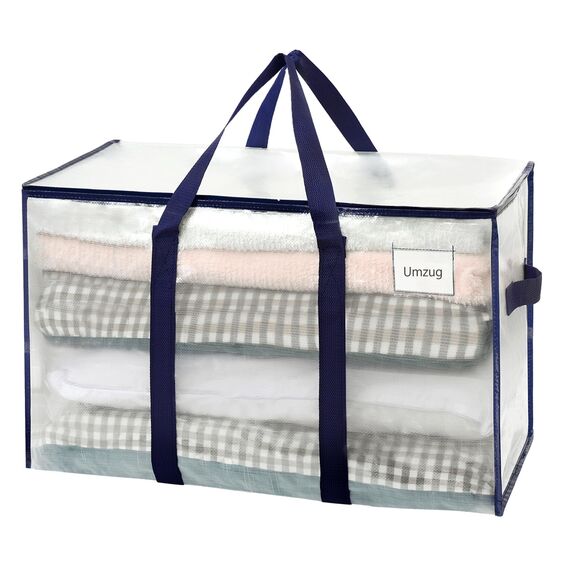 VENO 102 Liter Große Aufbewahrungstasche, Aufbewahrungsbox mit Deckel, Starke Griffe Umzugstaschen mit Reißverschlüssen, Alternative Umzugskartons, Faltbare Kleideraufbewahrung (Transparent, 4er Pack)