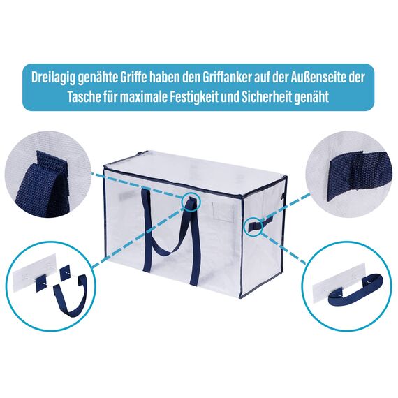 VENO 102 Liter Aufbewahrungstasche, Aufbewahrungsbox mit Deckel, Starke Griffe Umzugstaschen mit Reißverschlüssen, Alternative Umzugskartons, Faltbare Kleideraufbewahrung (Transparent, 10er Pack)