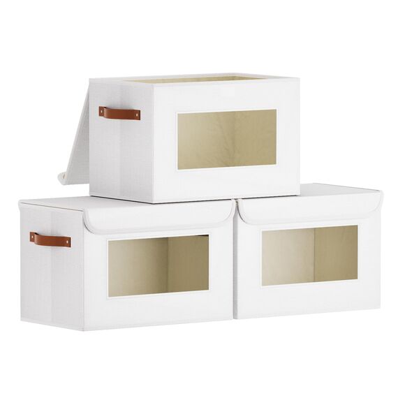YheenLf 3 StüCk Aufbewahrungsboxen Stoff, Faltbare Aufbewahrungsbox, Boxen mit Deckel Aufbewahrung, Ordnungsboxen, Schrank Organizer mit Fenster, Weiß, 33x23x20cm