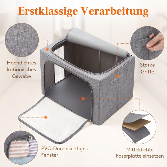Lifewit 100L Aufbewahrungsbox mit Deckel, Kleidung Aufbewahrung, Faltbare Kleideraufbewahrung mit Metallrahmen, Stoffbox mit Griffen & Fenster, Aufbewahrung Kleiderschrank, 3er Set, Hellgrau
