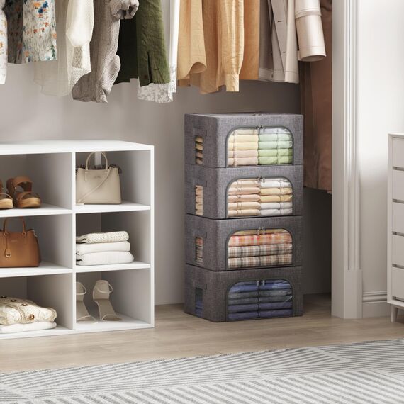 Lifewit 25L Aufbewahrungsbox mit Deckel, Kleidung Aufbewahrung, Faltbare Kleideraufbewahrung mit Metallrahmen, Stoffbox mit Griffen & Fenster, Aufbewahrung Kleiderschrank, 4er Set, Hellgrau