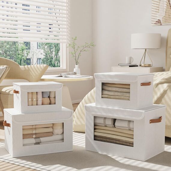 YheenLf 1 StüCk Aufbewahrungsboxen Stoff, Faltbare Aufbewahrungsbox, Boxen mit Deckel Aufbewahrung, Ordnungsboxen, Schrank Organizer mit Fenster, Weiß, 33x23x20cm