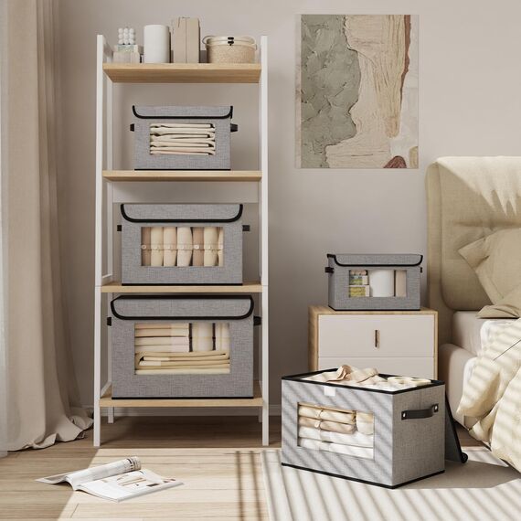 YheenLf 5 StüCk Aufbewahrungsboxen Stoff, Faltbare Aufbewahrungsbox, Boxen mit Deckel Aufbewahrung, Ordnungsboxen, Schrank Organizer mit Fenster, Grau, 33x23x20cm