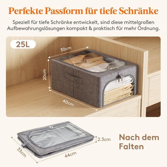 Lifewit 4 Stück Kleideraufbewahrungsbehälter mit Metallrahmen, Faltbare Aufbewahrungsbox mit Deckel, 25L Stapelbare Aufbewahrungsbeutel Stoffbehälter Organizer mit Klarsichtfenster, Robuste Griffe