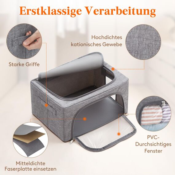 Lifewit 25L Aufbewahrungsbox mit Deckel, Kleidung Aufbewahrung, Faltbare Kleideraufbewahrung mit Metallrahmen, Stoffbox mit Griffen & Fenster, Aufbewahrung Kleiderschrank, 3er Set, Hellgrau