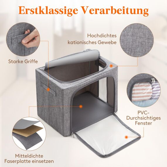 Lifewit 40L Aufbewahrungsbox mit Deckel, Kleidung Aufbewahrung, Faltbare Kleideraufbewahrung mit Metallrahmen, Stoffbox mit Griffen & Fenster, Aufbewahrung Kleiderschrank, 3er Set, Hellgrau