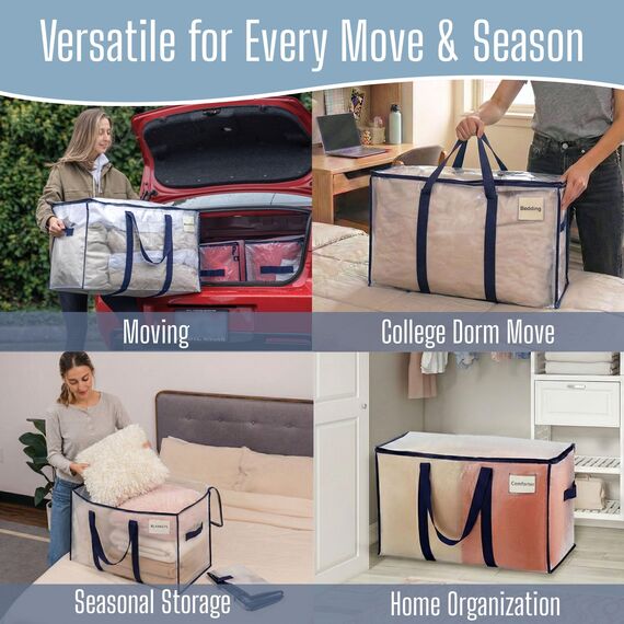 VENO 102 Liter Große Aufbewahrungstasche, Aufbewahrungsbox mit Deckel, Starke Griffe Umzugstaschen mit Reißverschlüssen, Alternative Umzugskartons, Faltbare Kleideraufbewahrung (Transparent, 8er Pack)