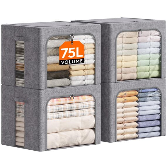 Lifewit 75L Aufbewahrungsbox mit Deckel, Kleidung Aufbewahrung, Faltbare Kleideraufbewahrung mit Metallrahmen, Stoffbox mit Griffen & Fenster, Aufbewahrung Kleiderschrank, 4er Set, Hellgrau